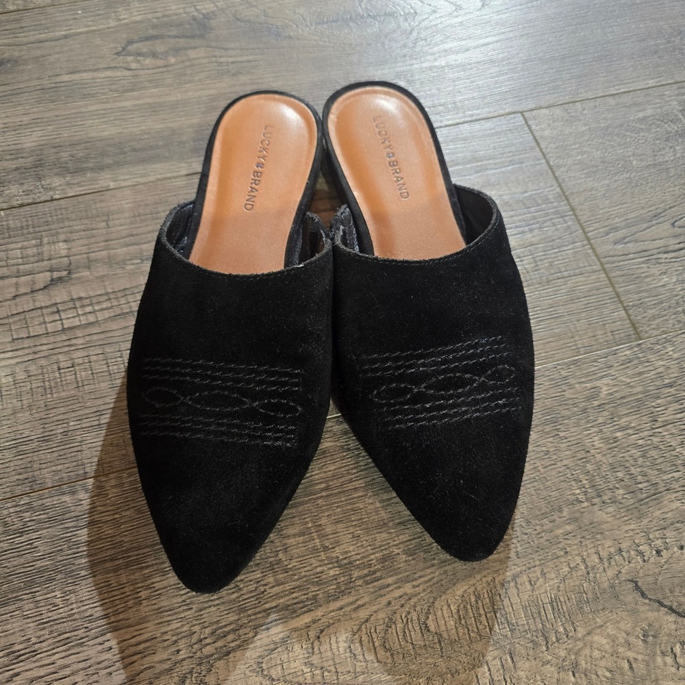 Lucky Brand Black Suede Pointed Toe Mules Western Stitch Detail LK-DELRAY 7M